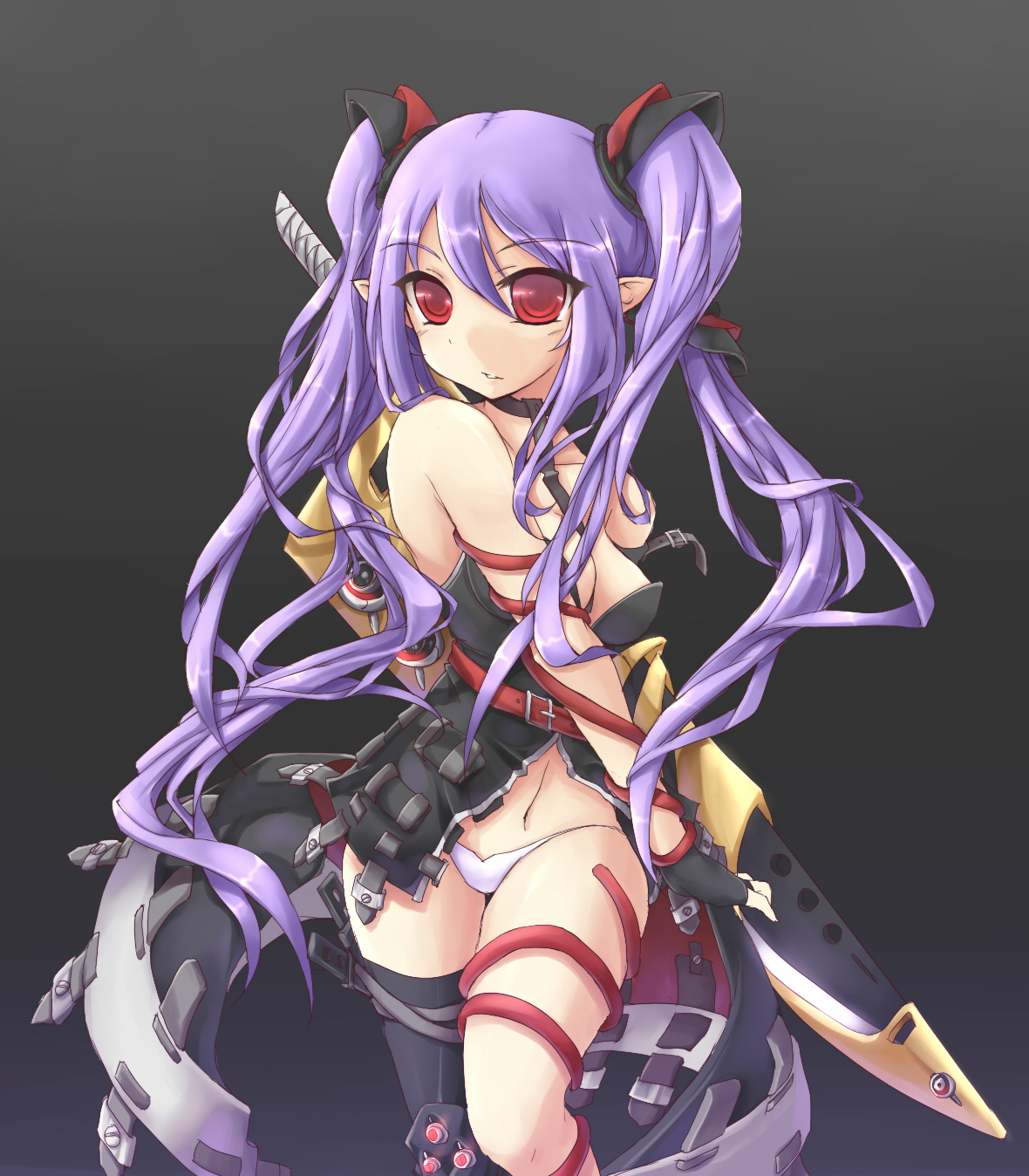 zenn, bad id, bad pixiv id, highres, long hair, panties, pointy ears, purple hair, red eyes, ribbon, solo, sword, thighhighs, twintails, underwear, weapon