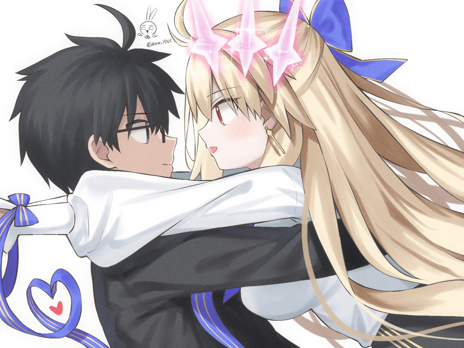 aro 1801, archetype earth, archetype earth (celebratory attire), archetype earth (third ascension), arcueid brunestud, tohno shiki, fate/grand order, fate (series), tsukihime, tsukihime (remake), commission, highres, pixiv commission, 1boy, 1girl, black eyes, black hair, blonde hair, blush, eye contact, face-to-face, glasses, hug, long hair, looking at another, open mouth, profile, red eyes, smile, very long hair