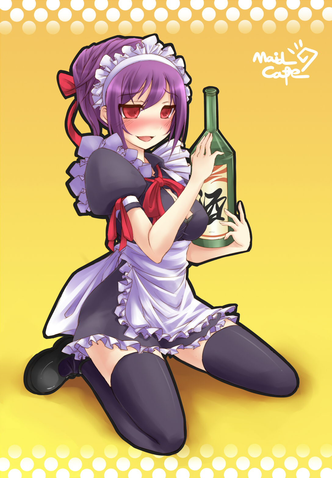 zenn, bad id, bad pixiv id, highres, drunk, maid, purple hair, red eyes, ribbon, short hair, socks, solo, thighhighs