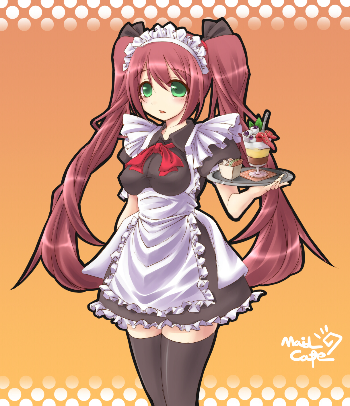 zenn, bad id, bad pixiv id, highres, apron, green eyes, long hair, maid, maid apron, red hair, ribbon, thighhighs, tray, twintails