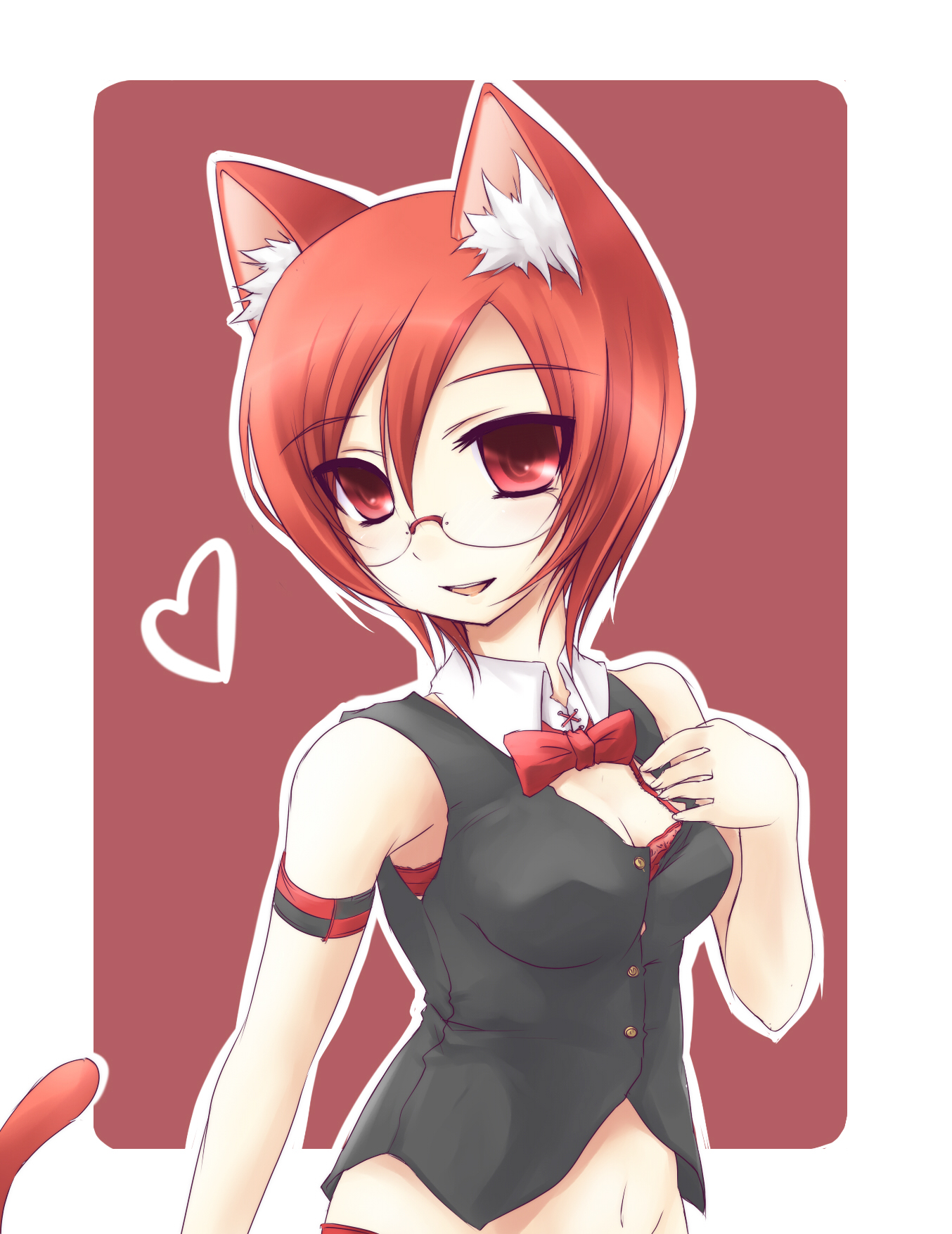 zenn, bad id, bad pixiv id, highres, animal ears, cat ears, cat tail, glasses, heart, red eyes, red hair, ribbon, short hair, solo, tail