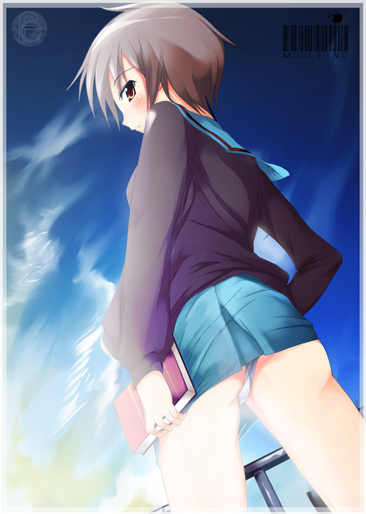 hubrael, nagato yuki, suzumiya haruhi no yuuutsu, 00s, 1girl, ass, blush, female focus, panties, pantyshot, school uniform, serafuku, solo, underwear, upskirt, white panties