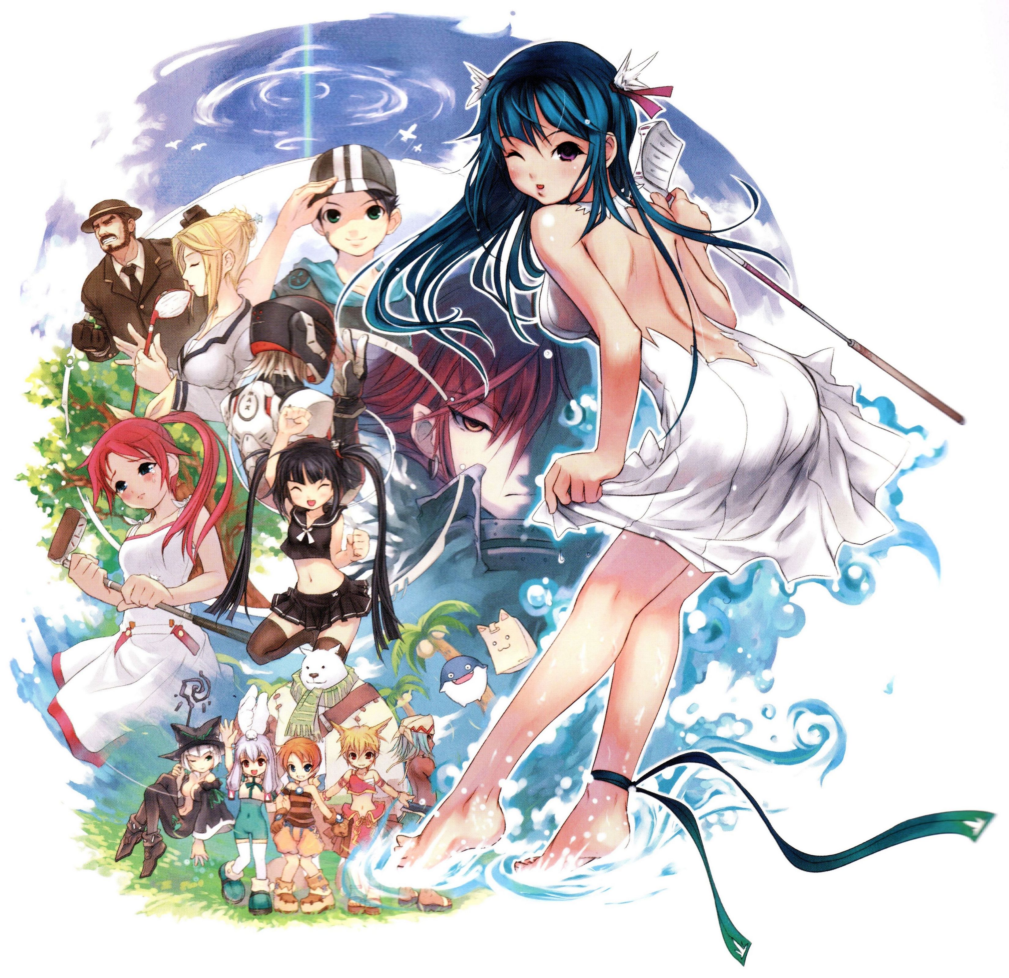 hana, arin (pangya), azer (pangya), brie, cadie (pangya), cecilia, cecilia (pangya), dolfini (pangya), hana (pangya), kaz (pangya), kooh (pangya), lola, lola (pangya), max, max (pangya), nuri (pangya), papel (pangya), pipin, quma (pangya), tiki (pangya), titan boo, pangya, absurdres, annotated, highres, 5boys, 6+girls, :3, ankle ribbon, anklet, ass, back, backless dress, backless outfit, barefoot, black hair, blue hair, closed eyes, dress, everyone, feet, formal clothes, golf, grass, happy, hat, jewelry, leg ribbon, long hair, looking back, midriff, multiple boys, multiple girls, navel, one eye closed, outdoors, purple eyes, red hair, ribbon, skirt, soles, suit, tears, thighhighs, toes, twintails, wink, zettai ryouiki