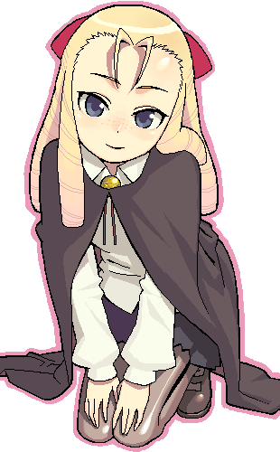 hijiri rei, montmorency margarita la fere de montmorency, zero no tsukaima, lowres, 00s, 1girl, blonde hair, blush, cape, female focus, freckles, hair slicked back, kneeling, long hair, pantyhose, pentacle, smile, solo