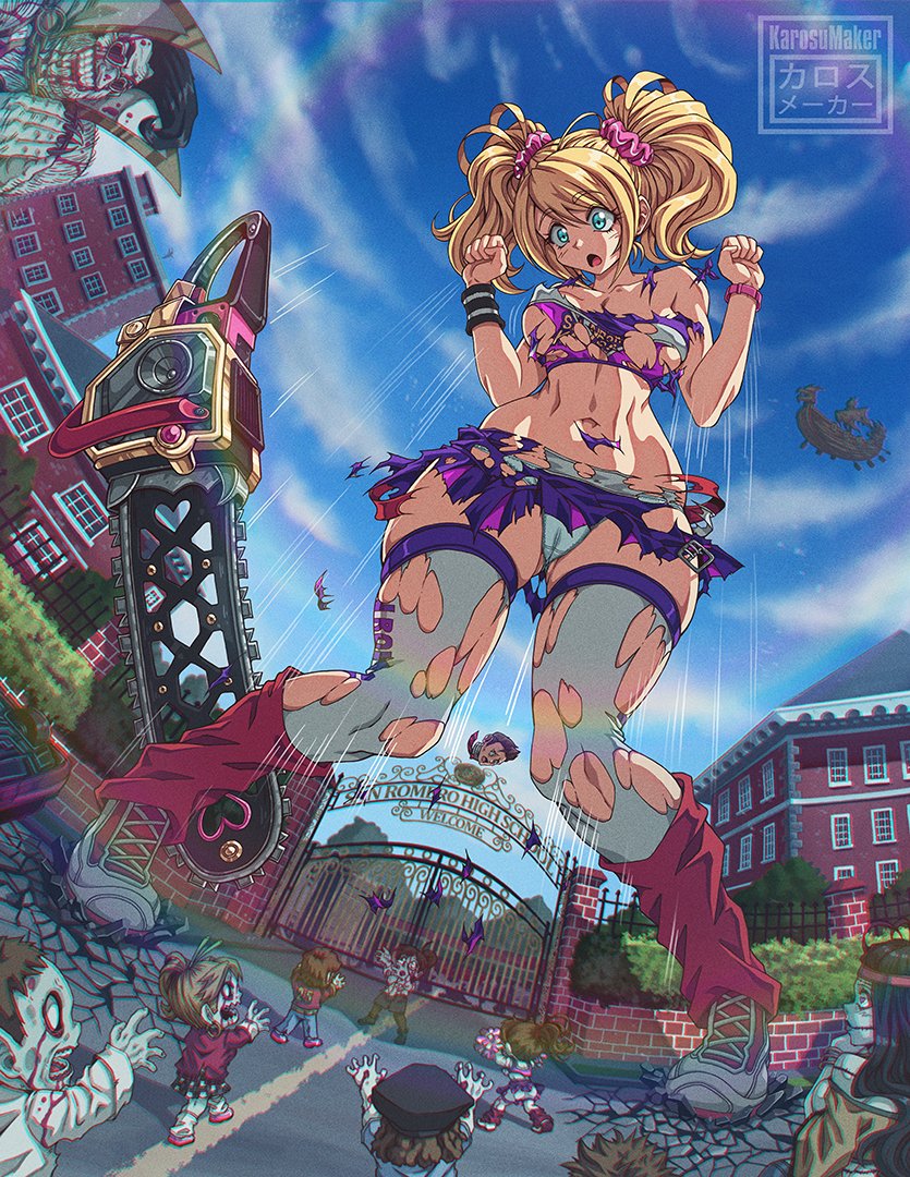 karosu maker, juliet starling, nick carlyle, lollipop chainsaw, commission, :o, aircraft, airship, aqua eyes, blonde hair, blood, blue sky, breasts, cameltoe, chainsaw, cheerleader, crop top, day, fence, fisheye, gate, giant, giantess, heart, in-universe location, killabilly, leg warmers, long hair, looking down, medium breasts, multiple boys, multiple girls, navel, no bra, outdoors, panties, pink scrunchie, rainbow, school, scrunchie, shirt, shoes, size difference, skirt, sky, standing, thighhighs, torn clothes, torn shirt, torn skirt, torn thighhighs, twintails, underwear, white panties, white thighhighs, zombie