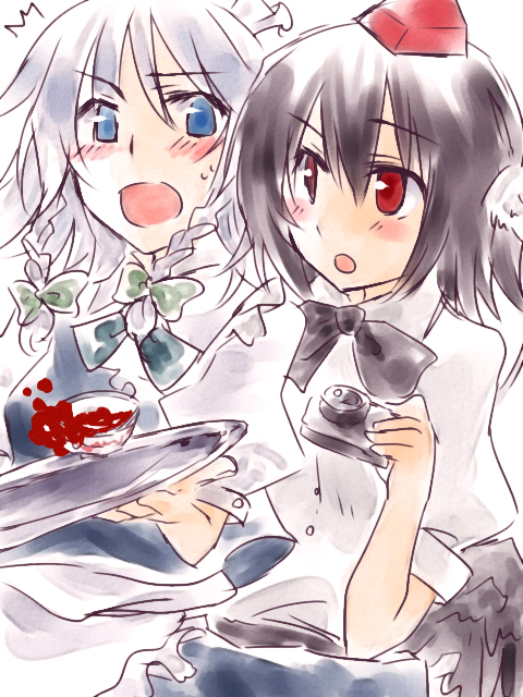 myama, izayoi sakuya, shameimaru aya, touhou, silver hair, 2girls, black hair, blue eyes, braid, camera, female focus, hair ribbon, hat, maid, multiple girls, red eyes, ribbon, short hair, skirt, surprised, twin braids, white background