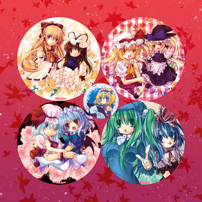 anna (small night), hane (x20285), alice margatroid, flandre scarlet, hakurei reimu, izayoi sakuya, kagiyama hina, kawashiro nitori, kirisame marisa, remilia scarlet, yakumo yukari, touhou, 6+girls, blonde hair, clothes change, cosplay, costume switch, female focus, flandre scarlet (cosplay), hakurei reimu (cosplay), izayoi sakuya (cosplay), kagiyama hina (cosplay), kawashiro nitori (cosplay), kirisame marisa (cosplay), multiple girls, remilia scarlet (cosplay), two side up, yakumo yukari (cosplay)