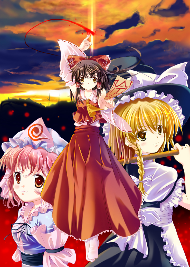 nashigo, hakurei reimu, kirisame marisa, saigyouji yuyuko, touhou, 3girls, apron, arm up, ascot, blonde hair, bow, brown hair, cloud, detached sleeves, female focus, hair bow, hat, japanese clothes, kimono, long hair, looking at viewer, multiple girls, neck ribbon, ofuda, pink eyes, pink hair, ribbon, sash, serious, short hair, short sleeves, sky, smile, socks, sunset, triangular headpiece, waist apron, witch hat