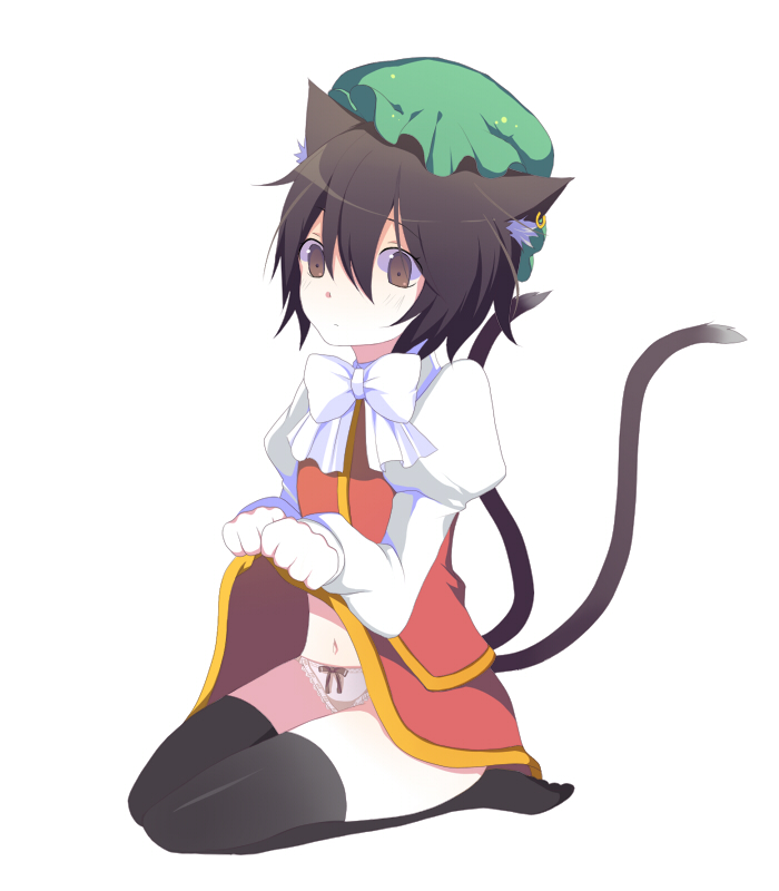 harano, chen, touhou, 1girl, animal ears, brown eyes, brown hair, cat ears, cat girl, cat tail, clothes lift, earrings, female focus, full body, hat, jewelry, multiple tails, panties, ribbon, short hair, simple background, skirt, skirt lift, solo, tail, thighhighs, underwear, white background