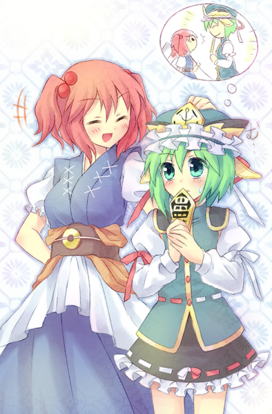 kuguri oimo, onozuka komachi, shiki eiki, touhou, 2girls, aqua eyes, closed eyes, female focus, green hair, hat, multiple girls, red hair, short hair, standing, sweatdrop, twintails, two side up, white background