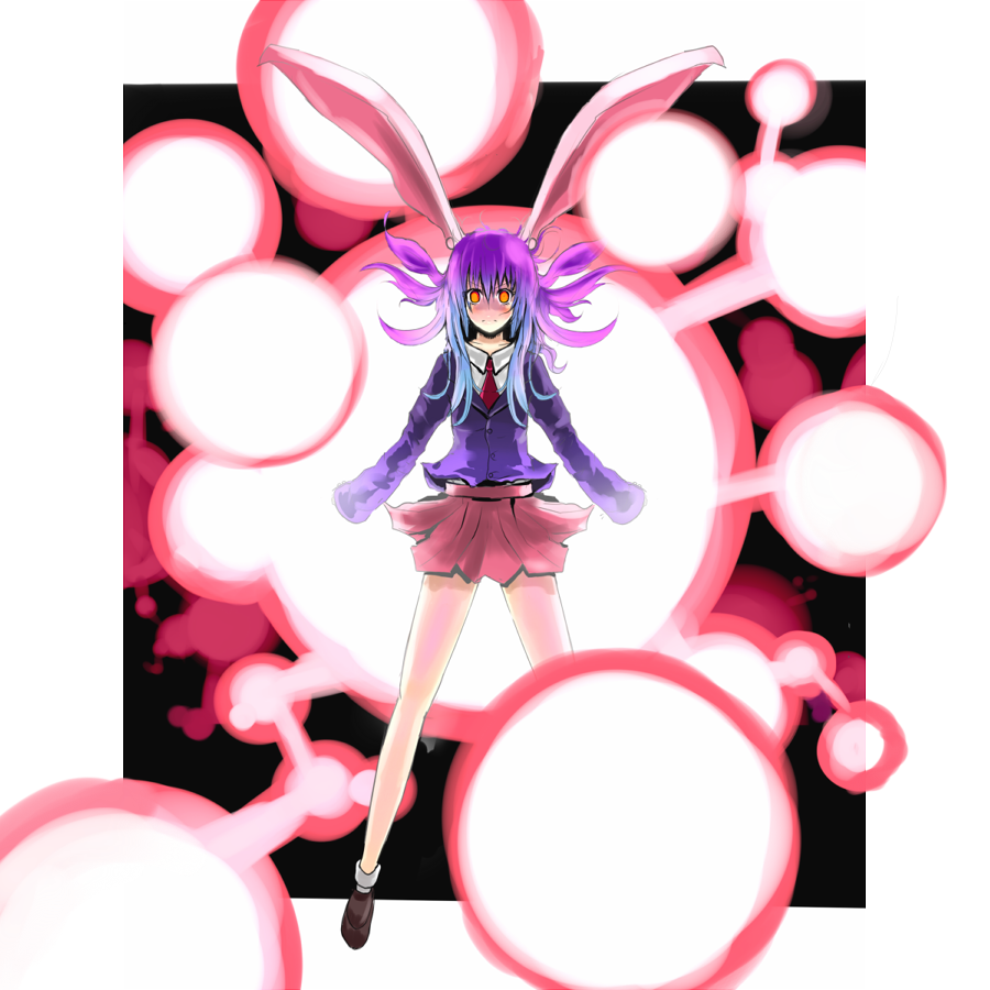sergei (pattundo), serugei, reisen udongein inaba, touhou, 1girl, animal ears, danmaku, female focus, flying, long hair, orange eyes, purple hair, rabbit ears, skirt, solo