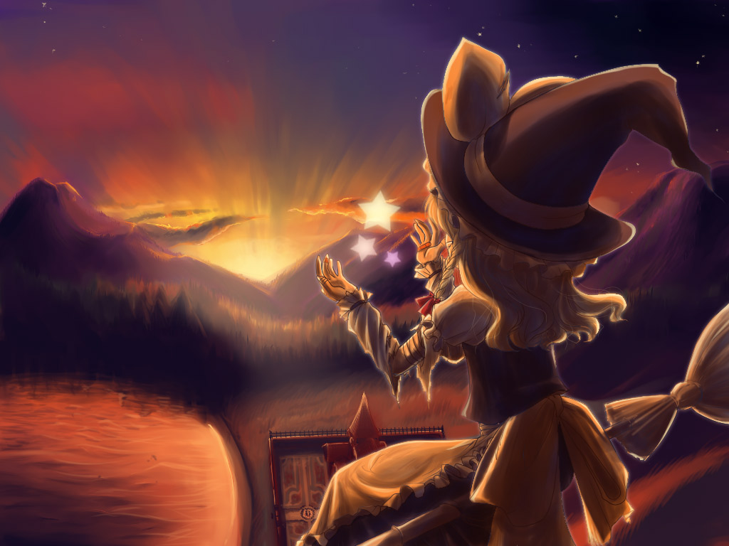 mikagami hiyori, kirisame marisa, touhou, 1girl, back, blonde hair, braid, broom, broom riding, female focus, hat, sidesaddle, solo, sunset, witch, witch hat