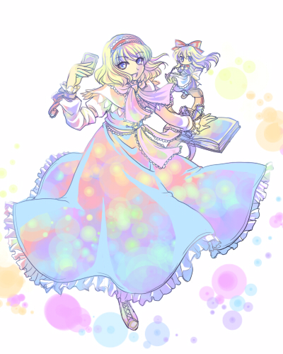 mikagami hiyori, alice margatroid, shanghai doll, touhou, lowres, 1girl, blonde hair, blue eyes, book, doll, dress, female focus, full body, hair ribbon, hairband, ribbon, short hair, smile, solo, spell card, white background