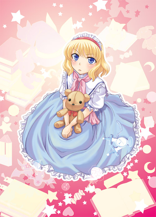 mikagami hiyori, alice margatroid, touhou, 1girl, bat (animal), bear, blonde hair, blue eyes, book, candy, dress, female focus, food, hairband, heart, knife, moon, own hands clasped, own hands together, pocket watch, ribbon, sitting, solo, star (symbol), stuffed animal, stuffed toy, teddy bear, watch