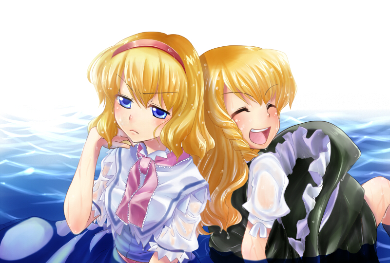 mikagami hiyori, alice margatroid, kirisame marisa, touhou, 2girls, blonde hair, closed eyes, female focus, hairband, multiple girls, short hair, water, wet, wet clothes