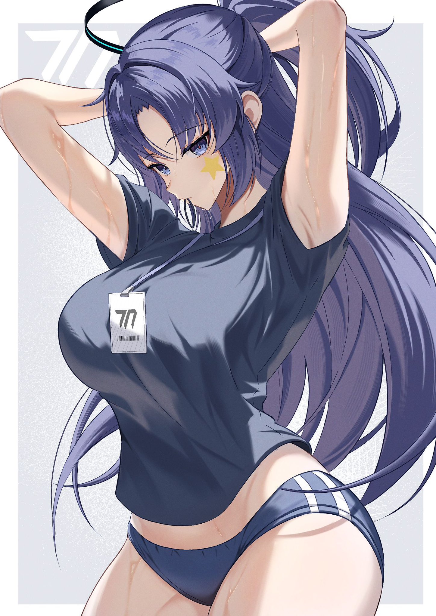 jassie26667765, yuuka (blue archive), yuuka (track) (blue archive), blue archive, highres, 1girl, arms up, black halo, black shirt, black shorts, breasts, hair tie, hair tie in mouth, halo, hands in own hair, long hair, looking at viewer, medium breasts, millennium science school logo, mouth hold, official alternate costume, official alternate hairstyle, parted bangs, ponytail, purple eyes, purple hair, shirt, short shorts, shorts, sidelocks, solo, star (symbol), sticker, sticker on face, sweat, tying hair