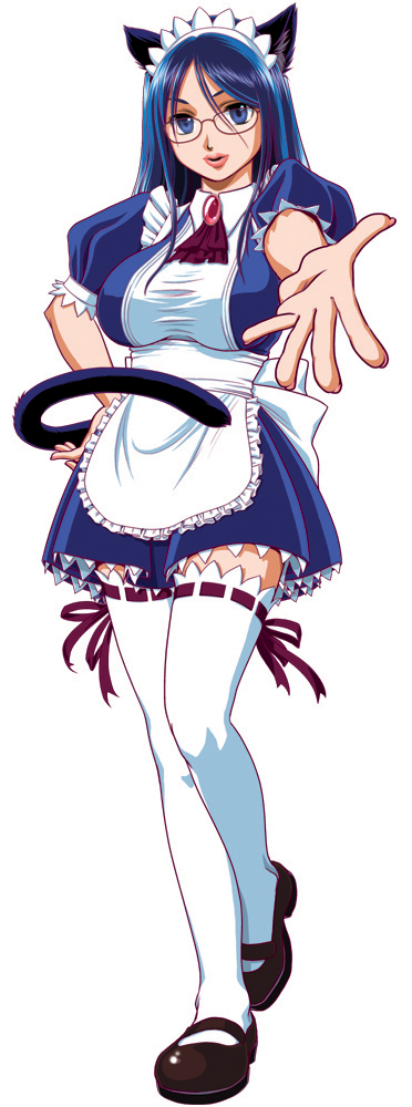 ushi beef, original, long image, tall image, animal ears, blue eyes, blue hair, glasses, long hair, maid, tail, thighhighs