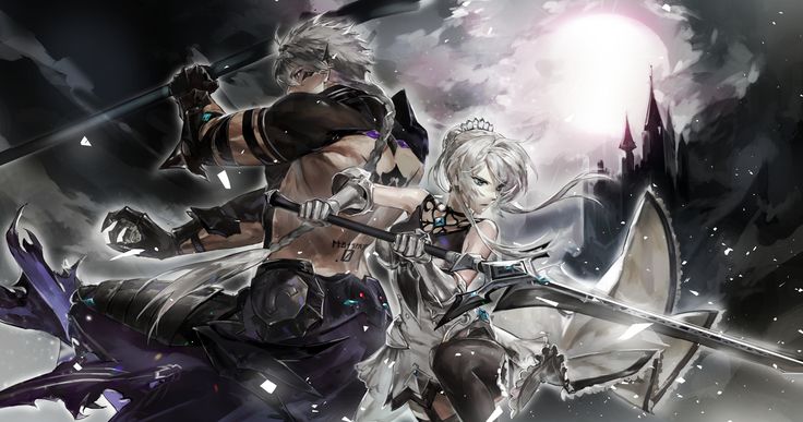 chase (king's raid), scarlet (king's raid), king's raid, 1boy, arm armor, armor, asymmetrical armor, back, back tattoo, backless shirt, belt, black armor, black belt, black gloves, black shoes, black thighhighs, blue eyes, bracer, braid, braided ponytail, castle, closed mouth, cloud, dress, dynamic pose, facial mark, fighting stance, gauntlets, gloves, greaves, grey hair, hand up, holding, holding polearm, holding sword, holding weapon, knight, long hair, male focus, muscular, muscular male, pectorals, polearm, purple eyes, see-through clothes, shoes, shoulder armor, sideless outfit, silk, sky, sleeveless, sleeveless dress, solo, standing, sword, tattoo, thighhighs, weapon