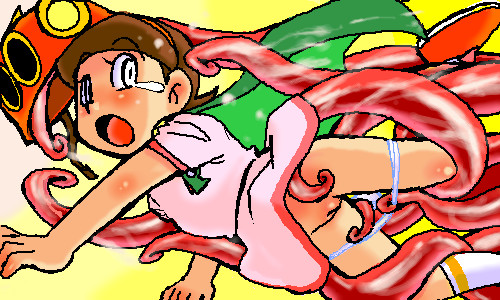 ramb chop, hoshino sumire, paako, paaman, perman (series), lowres, 1girl, badge, blush, brown hair, cape, clothes lift, female focus, helmet, loli, mask, no panties, oekaki, panties, panty pull, pussy, short hair, skirt, skirt lift, solo, tears, tentacles, underwear