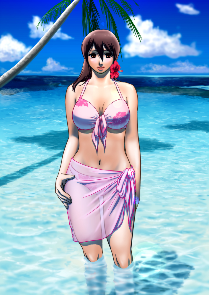 ushi beef, balsa, seirei no moribito, 1girl, beach, bikini, blush, breasts, brown eyes, brown hair, cloud, day, female focus, flower, hibiscus, large breasts, light smile, lipstick, long hair, looking at viewer, makeup, navel, ocean, sarong, see-through clothes, sky, smile, solo, swimsuit, tree, water