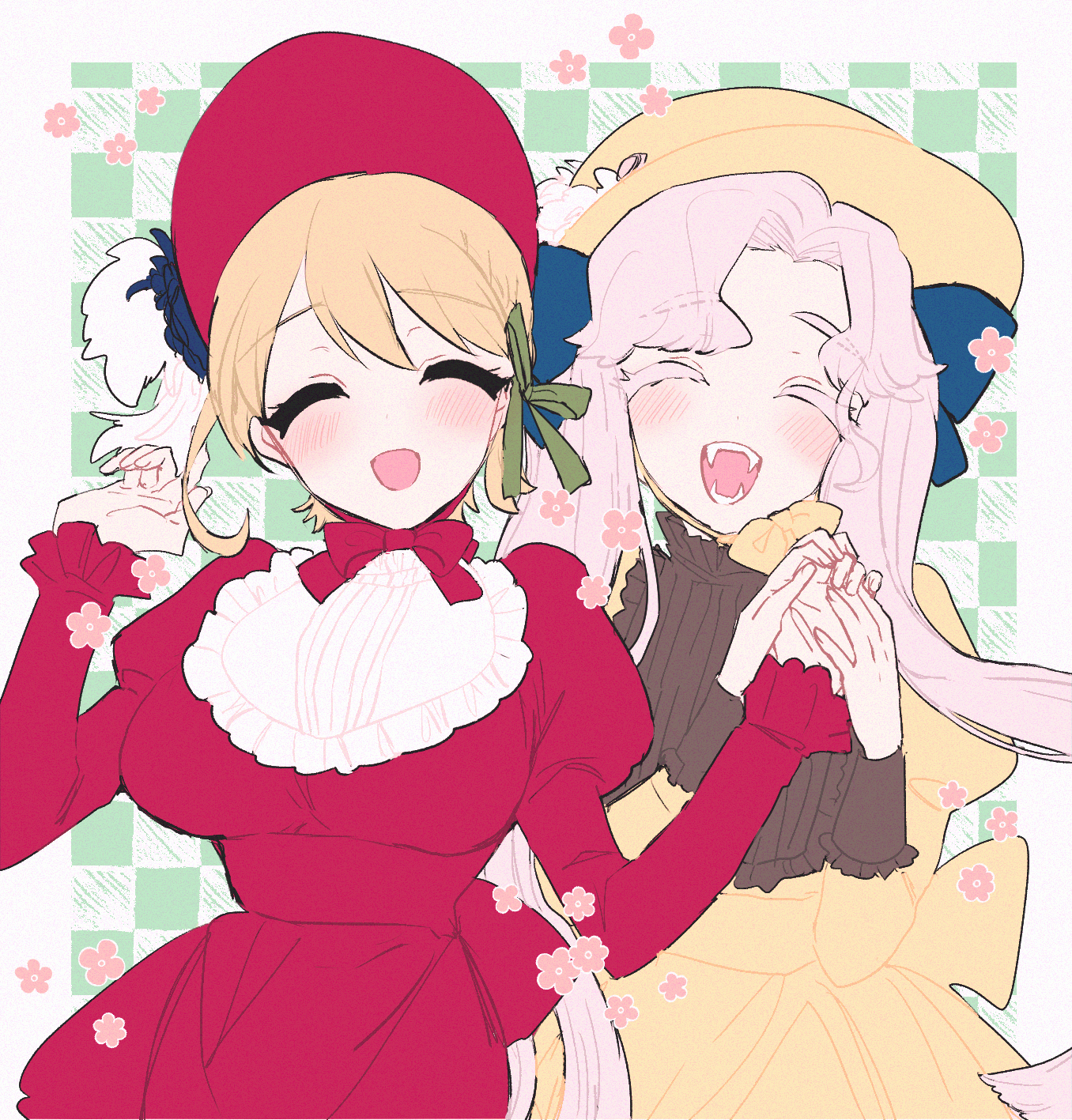 eurasia (wtp09ptw14), original, commentary request, highres, 2girls, :d, blonde hair, blush, border, breasts, checkered background, closed eyes, double-parted bangs, dress, facing viewer, green background, hat, holding hands, large breasts, long hair, long sleeves, multiple girls, open mouth, outside border, parted bangs, pink hair, red dress, red hat, short hair, sketch, smile, upper body, white border, yellow dress, yellow hat