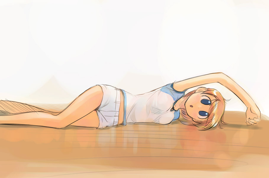 ikeda jun (mizutamari), original, blonde hair, blue eyes, midriff, orange hair, raglan sleeves, short hair, short shorts, shorts, solo