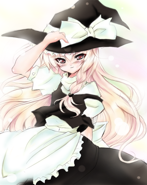satou kuroon, kirisame marisa, touhou, 1girl, blonde hair, blush, brown eyes, female focus, hat, long hair, looking at viewer, solo, witch hat