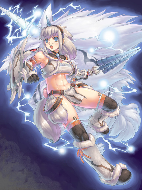uchiu kazuma, kirin (monster hunter), capcom, monster hunter (series), fur, 1girl, abs, blue eyes, blush, female focus, hairband, horns, kirin (armor), loincloth, shield, single horn, solo, sword, tail, unicorn, weapon, white hair