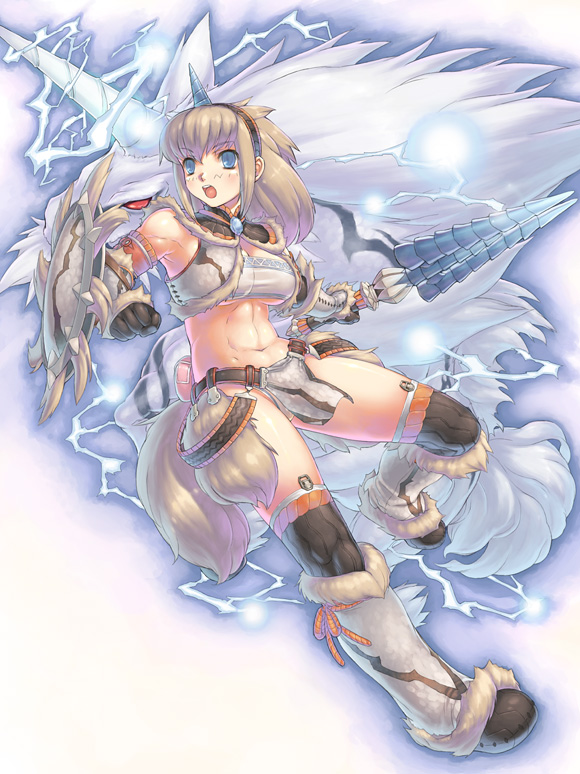 uchiu kazuma, kirin (monster hunter), capcom, monster hunter (series), fur, 1girl, abs, blue eyes, blush, female focus, hairband, horns, kirin (armor), loincloth, shield, single horn, solo, sword, tail, unicorn, weapon, white hair