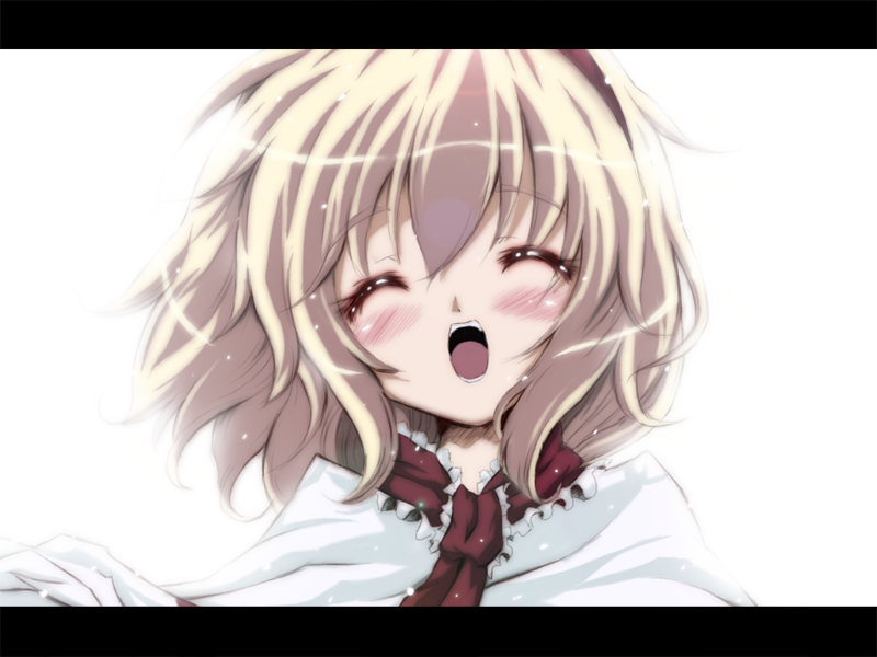 satou kuroon, alice margatroid, touhou, bad id, bad pixiv id, 1girl, :d, ^ ^, blonde hair, blush, capelet, closed eyes, female focus, letterboxed, necktie, open mouth, red necktie, short hair, smile, solo, upper body