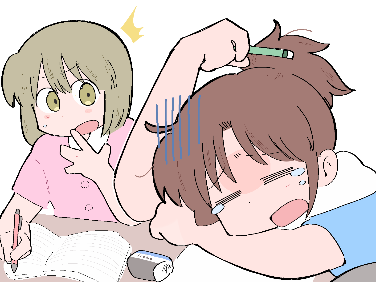 ayumu niikura, nagumo midori, city (arawi keiichi), 2girls, = =, blonde hair, blue hoodie, blush stickers, brown hair, buttons, collared shirt, covering own mouth, crying, dot nose, eraser, green eyes, hand over own mouth, holding, holding pen, hood, hood down, hoodie, multiple girls, notebook, open mouth, pen, pink shirt, ponytail, shirt, short sleeves, sidelocks, simple background, table, tears, white background, wichimi, writing