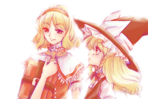 mikagami hiyori, alice margatroid, kirisame marisa, touhou, lowres, 2girls, blonde hair, braid, female focus, hair ribbon, hairband, hat, multiple girls, ribbon, smile, upper body, white background