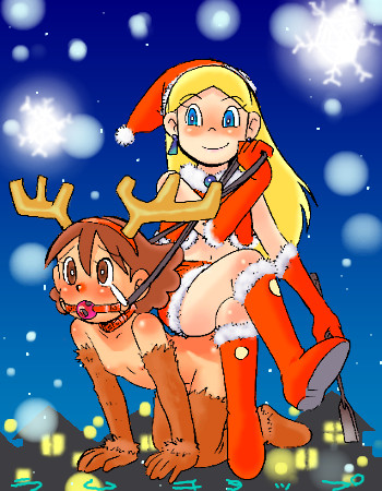 ramb chop, dalursa, kasuga eri, chinpui, lowres, 2girls, animal collar, animal costume, antlers, ball gag, bdsm, blonde hair, blue eyes, blush, boots, bridle, brown eyes, brown gloves, brown hair, christmas, clothed female nude female, collar, crossed legs, crying, crying with eyes open, elbow gloves, fake antlers, female focus, femdom, fendom, flat chest, fur-trimmed boots, fur trim, gag, gagged, gloves, hat, horns, leash, long hair, midriff, multiple girls, night, nipples, nude, outdoors, red gloves, reindeer antlers, reindeer costume, reins, rope, santa costume, santa hat, sitting, sitting on person, smile, snow, snowflakes, tears, wiffle gag, yuri