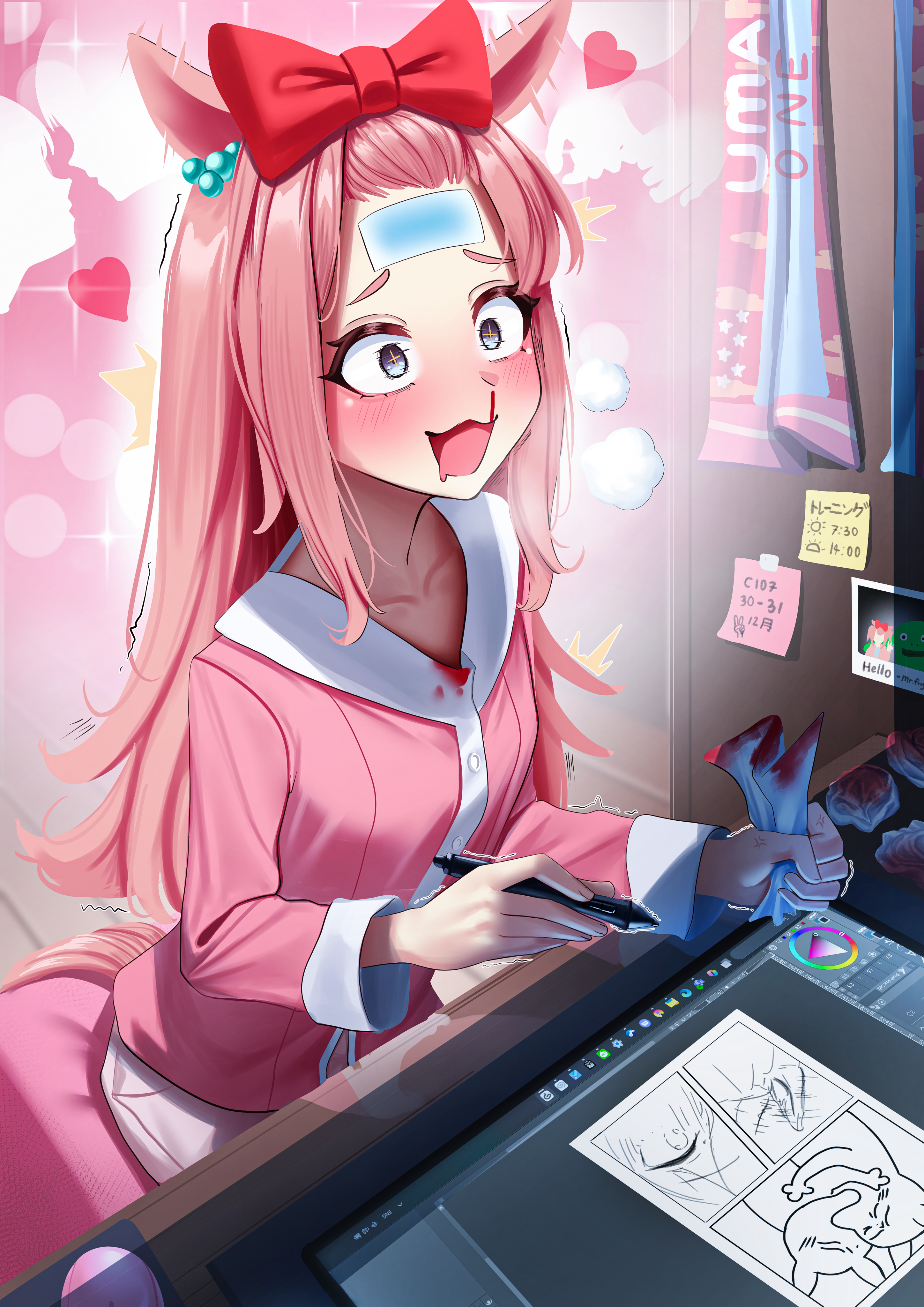 manjo (warito), agnes digital (umamusume), mr. frog (smiling friends), smiling friends, umamusume, absurdres, commentary, highres, symbol-only commentary, 1girl, animal ears, aroused nosebleed, blood, blue eyes, blush, bow, cold pack, collarbone, desk, drawing (action), drawing tablet, ear ornament, hair bow, hair ornament, heart, himejoshi, holding, holding stylus, horse ears, horse girl, horse tail, imagining, indoors, long hair, long sleeves, meme, nosebleed, open mouth, pink bow, pink hair, pink shirt, shirt, shorts, sitting, solo, sticky note, stylus, tablet pc, tail, tissue, yoshi and toad kissing (meme), yuri
