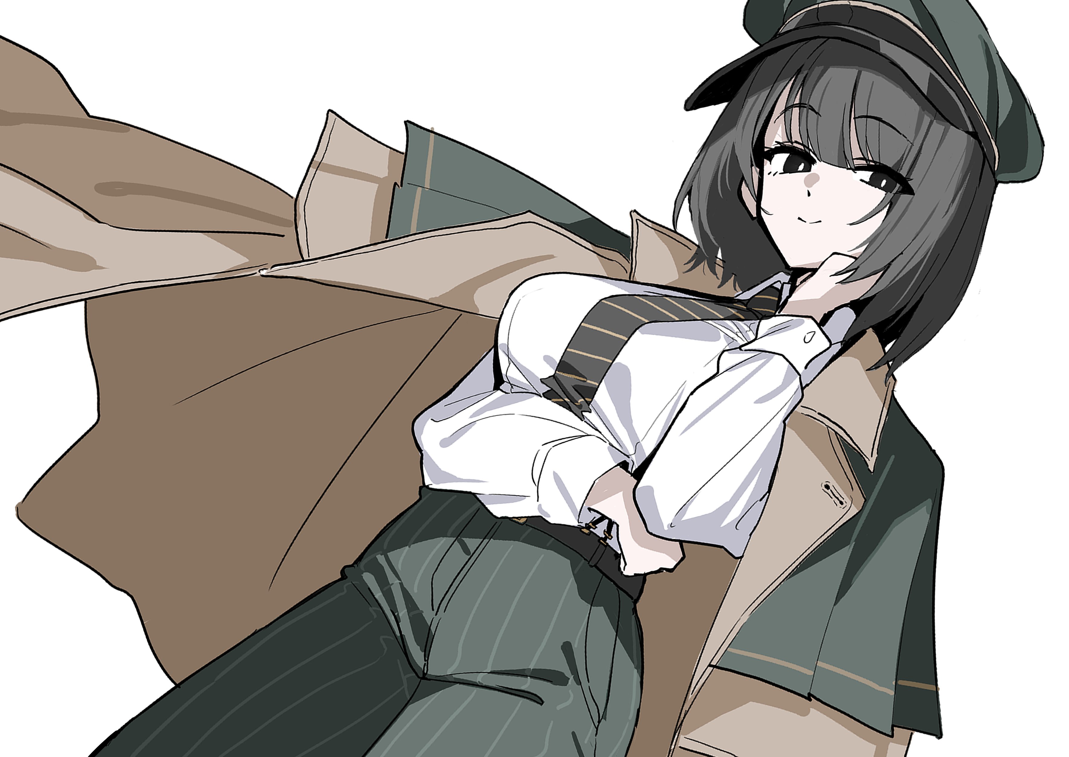koppepan agp, blue archive, absurdres, highres, black eyes, black necktie, brown halo, coat, coat on shoulders, diagonal-striped clothes, diagonal-striped necktie, green hat, halo, hat, hiromi (blue archive), necktie, pants, peaked cap, striped clothes, striped necktie, striped pants, vertical-striped clothes, vertical-striped pants