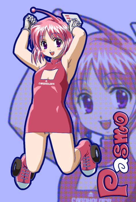 ushi beef, pasmo, armpits, blush, flat chest, personification, pink hair, purple eyes, short hair, solo