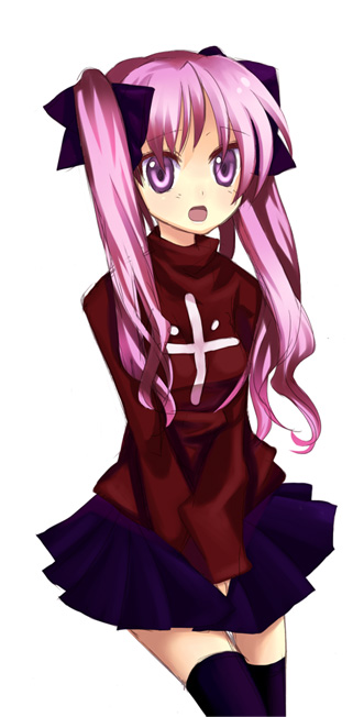 hanasaki mahiru, hiiragi kagami, tohsaka rin, fate/stay night, fate (series), lucky star, bad id, bad pixiv id, 1girl, black thighhighs, cosplay, female focus, pink hair, purple eyes, purple hair, skirt, solo, thighhighs, tohsaka rin (cosplay), turtleneck, twintails, v arms, zettai ryouiki