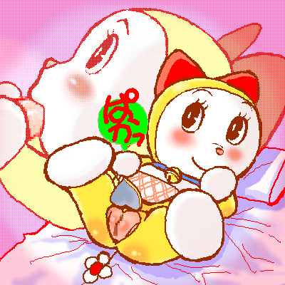 ramb chop, dorami, doraemon, lowres, 1girl, censored, fellatio, hetero, oekaki, oral, penis, pussy, seductive smile, smile, solo focus, spread legs, what