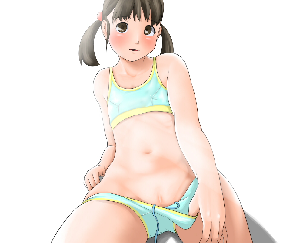 hentai oyaji, bad id, bad pixiv id, 1girl, blush, bra, brown eyes, brown hair, clitoris slip, female focus, flat chest, lingerie, loli, navel, panties, panty pull, pussy, pussy peek, solo, sports bra, training bra, twintails, underwear, underwear only