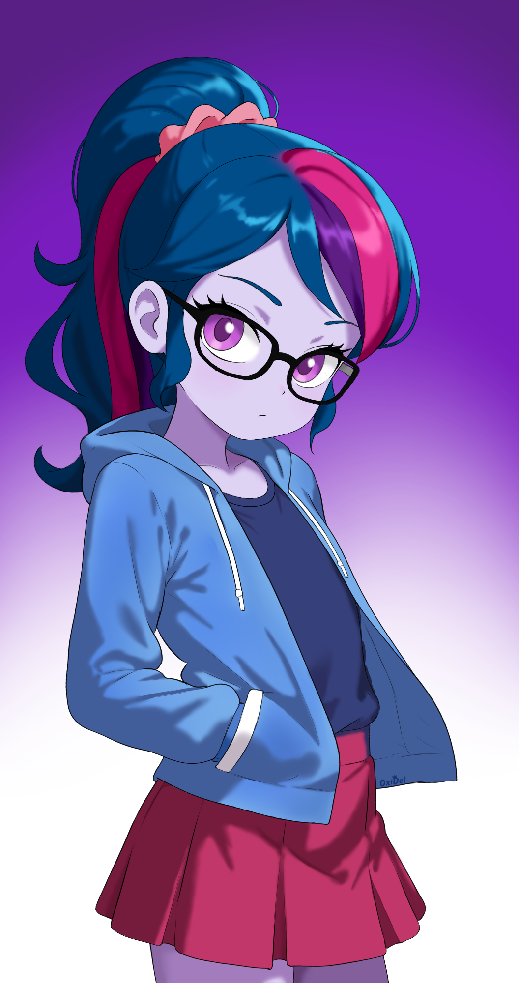 oxidel, twilight sparkle, hasbro, my little pony, my little pony: friendship is magic, highres, 1girl, blue hair, blue jacket, blue shirt, closed mouth, colored skin, cowboy shot, drawstring, female focus, glasses, gradient background, hands in pockets, high ponytail, jacket, long hair, looking at viewer, miniskirt, multicolored hair, personification, pink hair, pleated skirt, ponytail, purple eyes, purple hair, purple skin, red skirt, shirt, sidelocks, skirt, solo, standing, streaked hair