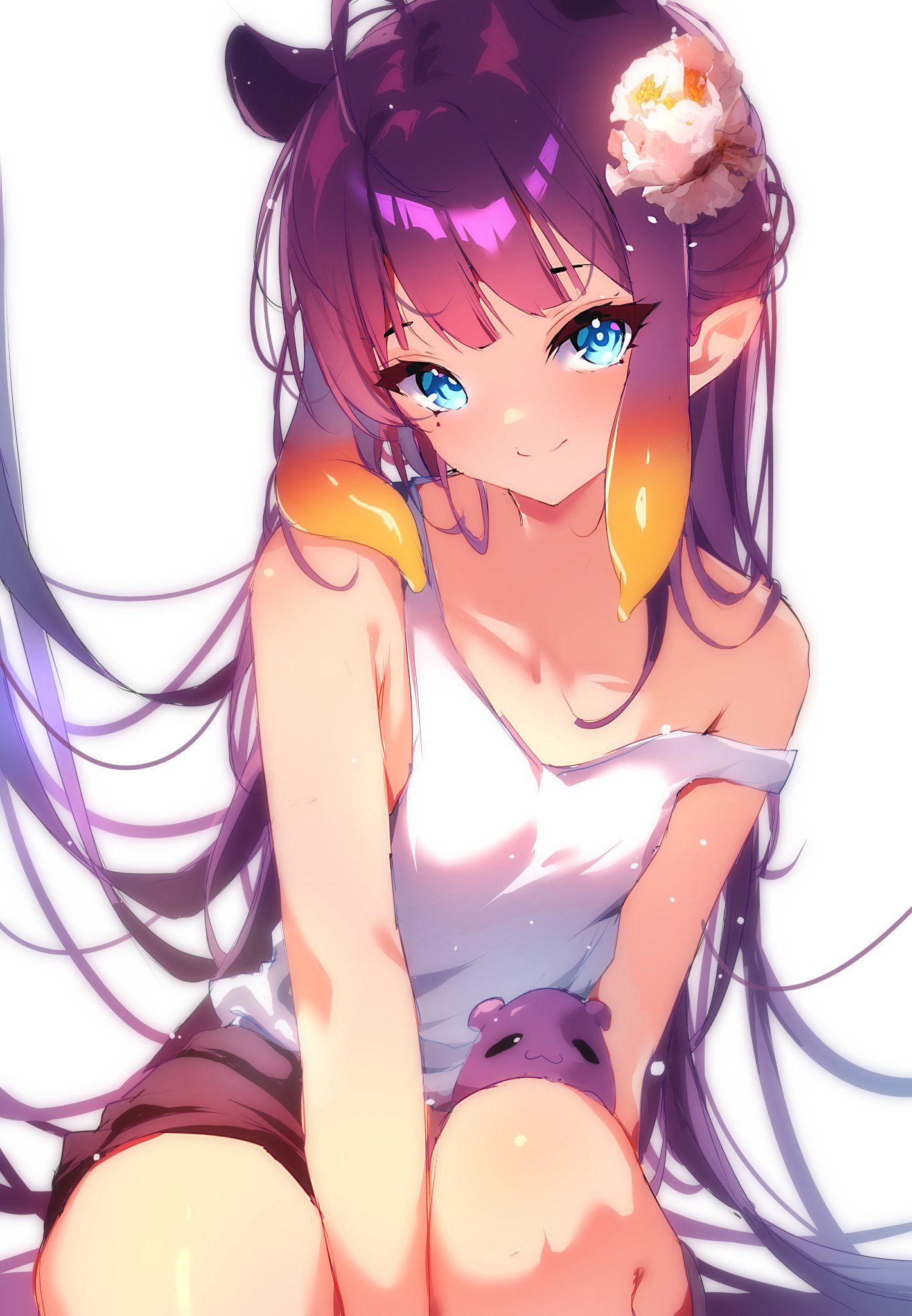 the0neulost, ninomae ina'nis, takodachi (ninomae ina'nis), hololive, hololive english, highres, 1girl, blunt bangs, flower, gradient hair, hair flower, hair ornament, long hair, looking at viewer, mole, mole under eye, multicolored hair, orange hair, pointy ears, purple hair, sidelocks, simple background, smile, solo, strap slip, tank top, tentacle hair, very long hair, virtual youtuber, white background, white tank top
