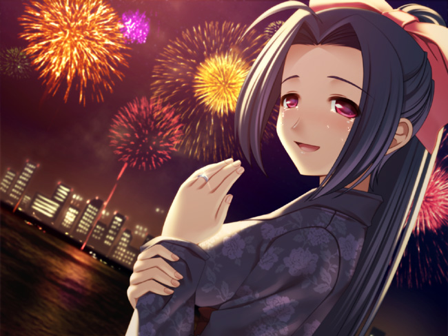 totokichi, miura azusa, idolmaster, idolmaster (classic), idolmaster 1, bad id, bad pixiv id, 00s, 1girl, aerial fireworks, bow, female focus, fireworks, japanese clothes, jewelry, kimono, red eyes, ring, solo, tears, yukata