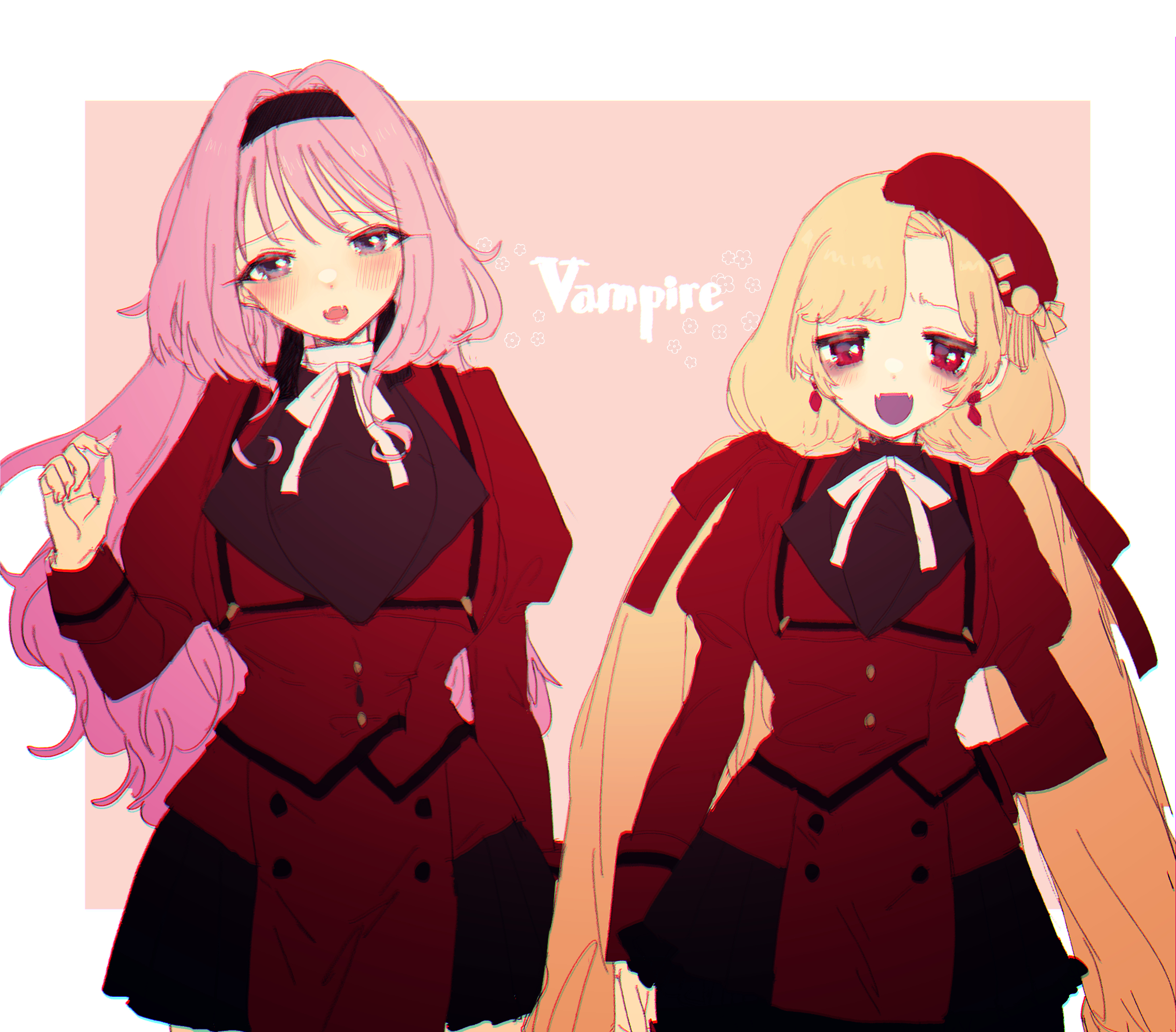 eurasia (wtp09ptw14), original, commentary request, highres, 2girls, black hairband, blonde hair, blush, border, breasts, choppy bangs, chromatic aberration, cowboy shot, dress, fangs, hairband, hand up, hat, juliet sleeves, large breasts, long hair, long sleeves, looking at viewer, multiple girls, neck ribbon, open mouth, outside border, parted bangs, pink background, pink hair, puffy sleeves, purple eyes, purple mouth, red dress, red eyes, red hat, ribbon, smile, vampire, white border, white ribbon