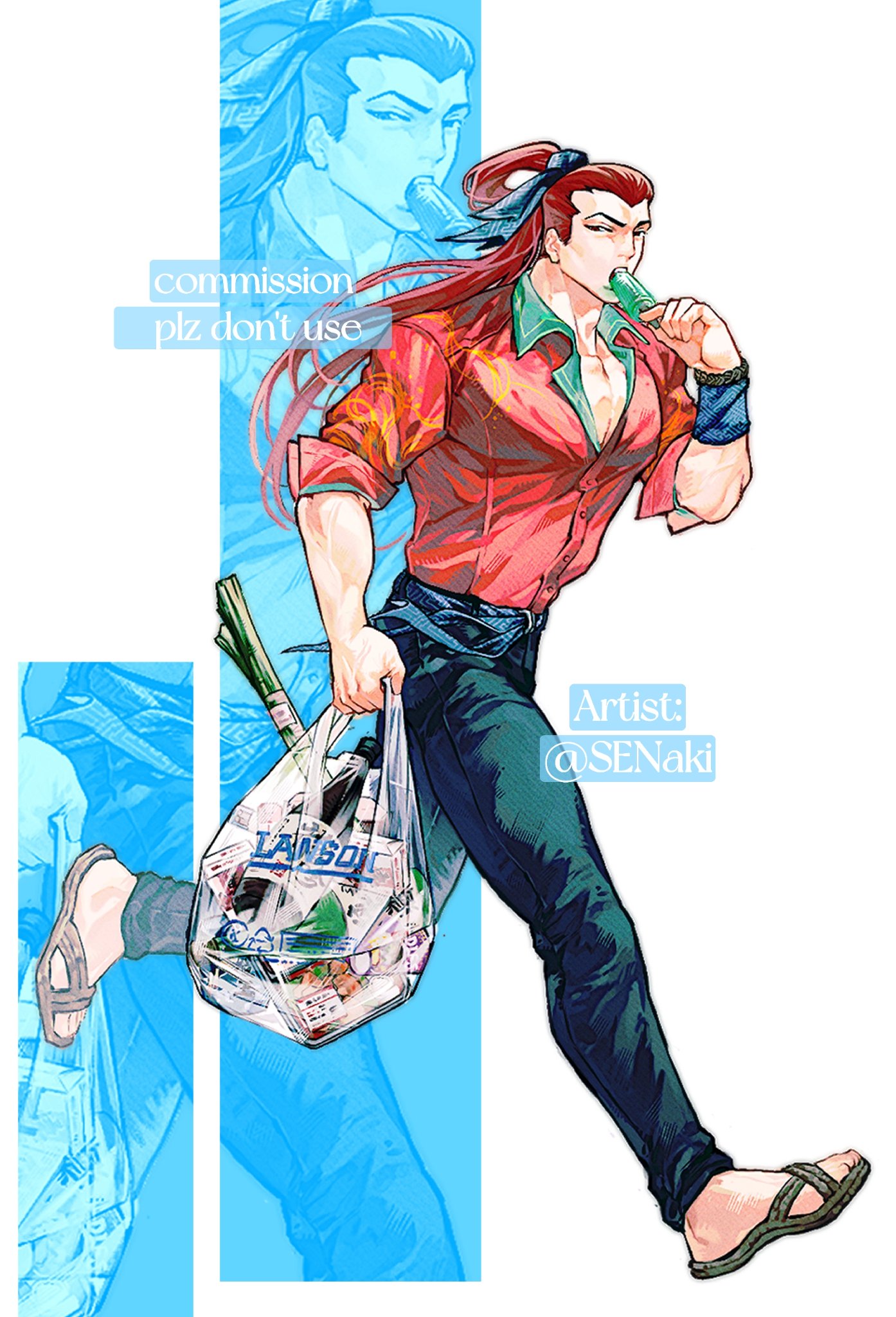 an ling withered, kibagami genjuro, lawson, samurai spirits, highres, 1boy, alternate costume, bag, belt, black pants, blue belt, blue ribbon, bracelet, collared shirt, contemporary, eating, food, full body, groceries, hair ribbon, holding, holding bag, holding food, holding popsicle, jewelry, long hair, looking at viewer, male focus, muscular, muscular male, one side up, pants, partially unbuttoned, pectoral cleavage, pectorals, plastic bag, popsicle, projected inset, red hair, red shirt, ribbon, sandals, shirt, shirt tucked in, sleeves rolled up, solo, spring onion, veins, veiny arms, walking, waraji, wristband