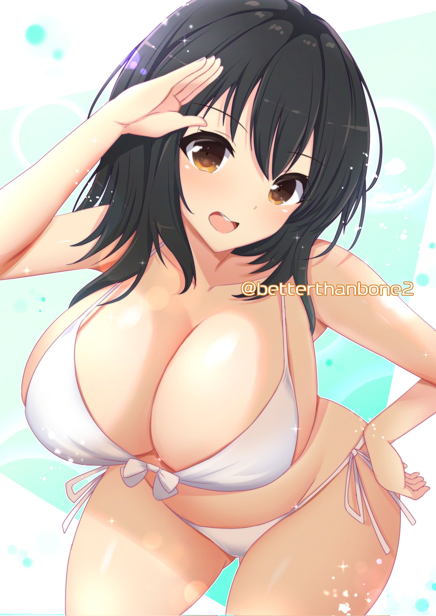 betterthanbone2, asuka (senran kagura), senran kagura, senran kagura shoujo-tachi no shin'ei, highres, alternate breast size (larger), bikini, black hair, blush, breasts, cleavage, halterneck, hand on own hip, huge breasts, leaning forward, looking at viewer, official alternate hairstyle, salute, sidelocks, swimsuit, transformation, white bikini, yellow eyes