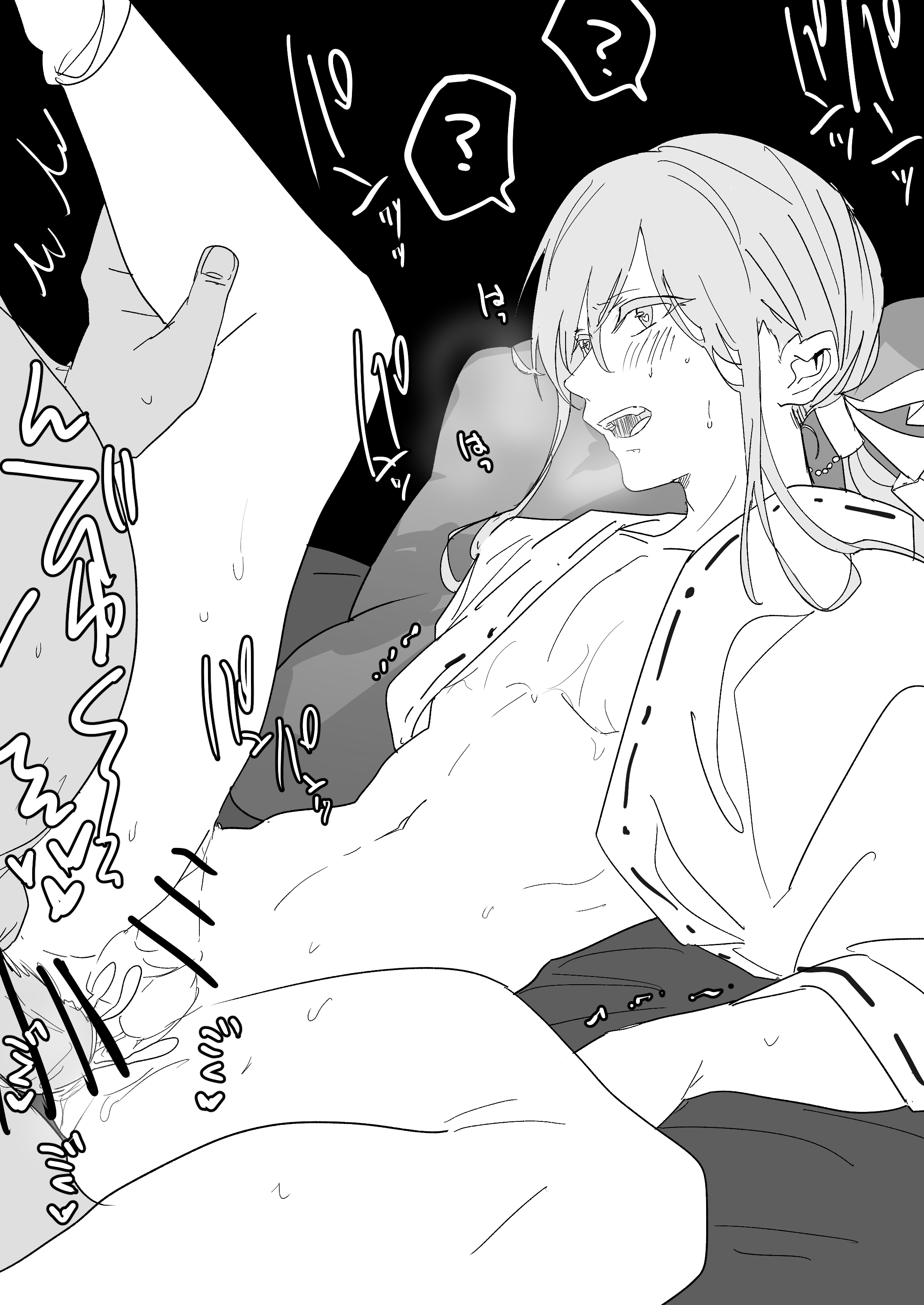 original, absurdres, highres, translation request, 2boys, ?, bar censor, bishounen, blush, censored, completely nude, cum, cum in ass, ejaculation, fat, fat man, hair between eyes, hand up, heart, heart-shaped pupils, holding another's leg, ingenkita, leg up, long hair, low ponytail, lying, male focus, male penetrated, monochrome, motion lines, multiple boys, navel, nude, on back, on bed, open clothes, open mouth, penis, pillow, pointless censoring, ponytail, sex, sidelocks, solo focus, spread legs, sweat, symbol-shaped pupils, teeth, testicles, tongue, twitching, ugly bastard, upper teeth only, yaoi