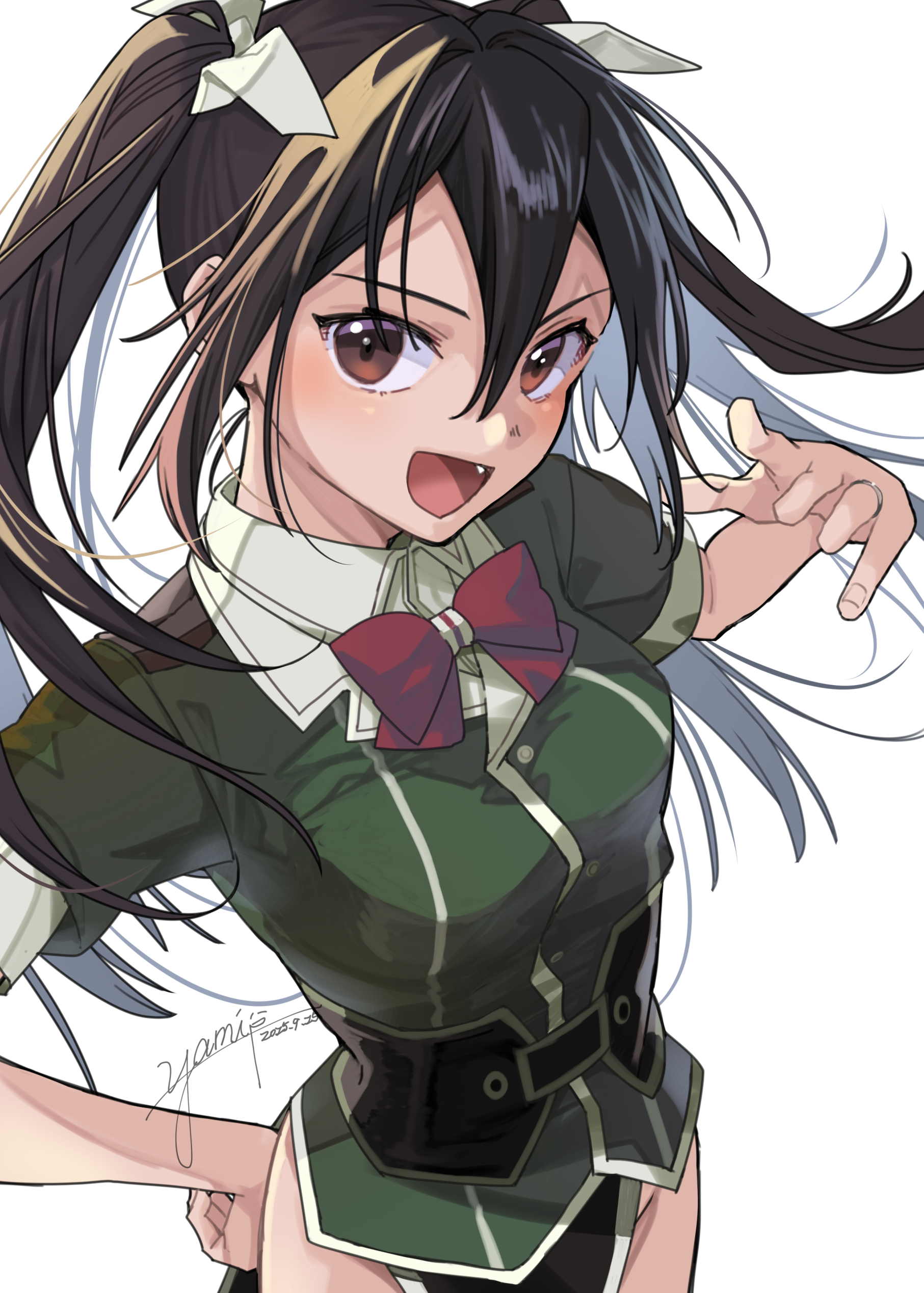 yami (m31), tone (kancolle), tone kai ni (kancolle), kantai collection, absurdres, hashtag-only commentary, highres, 1girl, bow, bowtie, brown eyes, brown hair, dated, fang, from above, green jacket, hair between eyes, hair ribbon, hand on own hip, jacket, jewelry, looking at viewer, open mouth, pelvic curtain, red bow, red bowtie, ribbon, ring, short sleeves, signature, simple background, smile, solo, twintails, upper body, wedding ring, white background, white ribbon