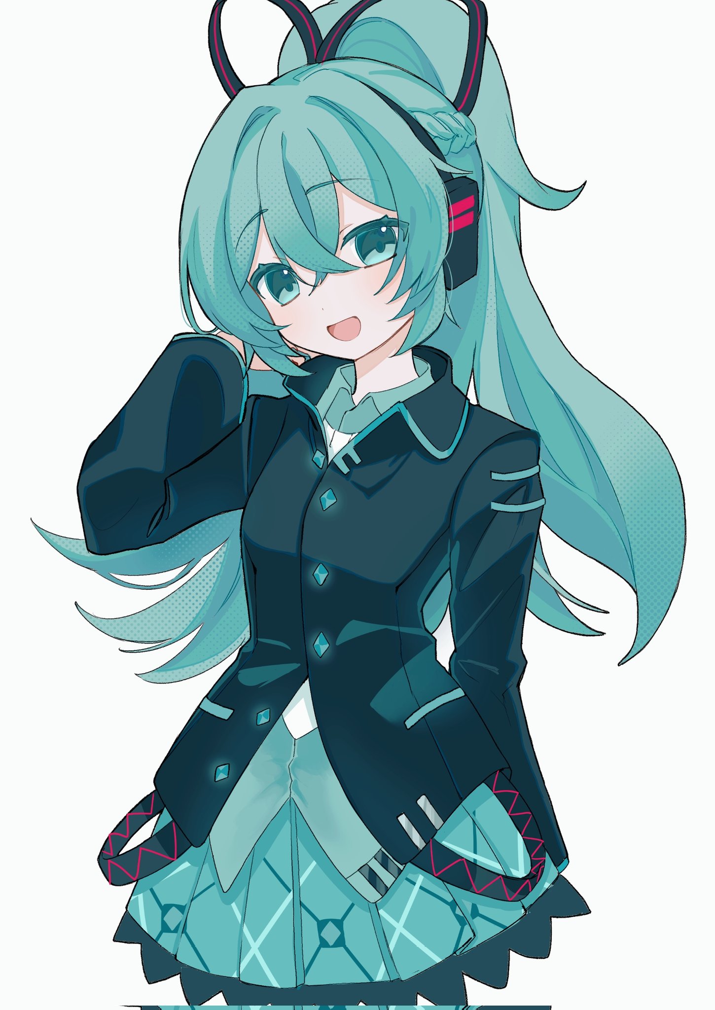 yukia 1128, hatsune miku, hatsune miku (if), vocaloid, highres, 1girl, aqua eyes, aqua hair, aqua skirt, braid, hair between eyes, hair ornament, headset, long hair, long sleeves, looking at viewer, open mouth, pleated skirt, ponytail, simple background, skirt, smile, solo, very long hair, white background