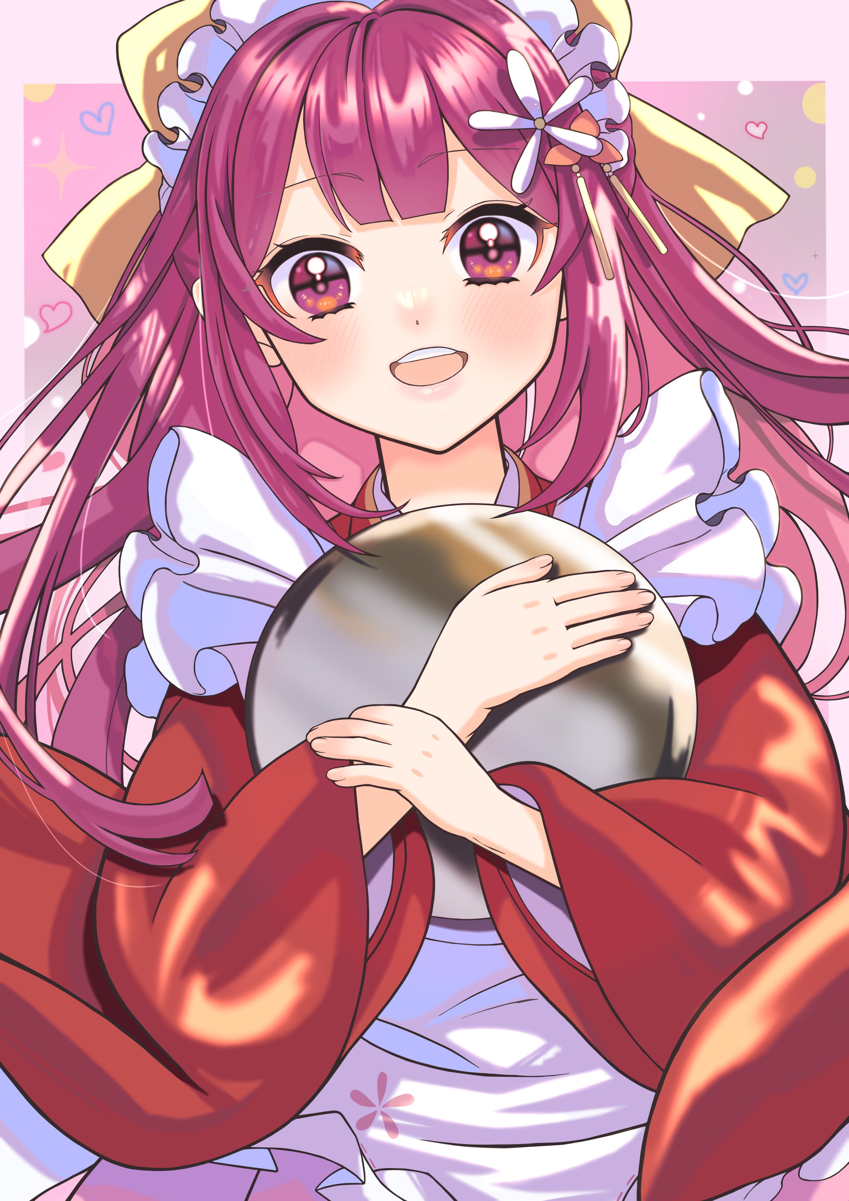 kamikaze (kancolle), kamikaze (valentine) (kancolle), kantai collection, absurdres, highres, 1girl, apron, bow, frilled apron, frills, hair bow, hair ornament, hakama, hakama skirt, japanese clothes, kimono, long hair, looking at viewer, maid, maid apron, maid headdress, meiji schoolgirl uniform, neko to imo, open mouth, pink hakama, purple eyes, purple hair, red kimono, skirt, smile, solo, tray, wa maid, white apron, yellow bow
