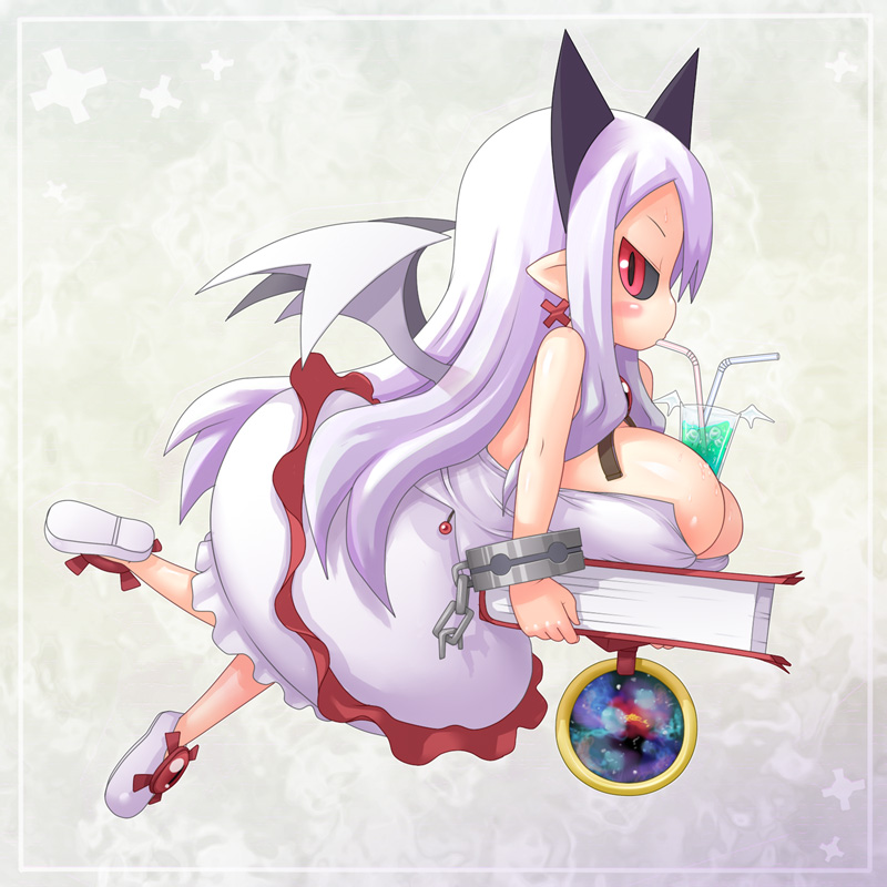 alexi (tits!), pram (phantom kingdom), disgaea, nippon ichi, phantom kingdom, breast hold, 1girl, alternate breast size (larger), between breasts, book, breast rest, breasts, bubble skirt, carried breast rest, carrying, demon wings, drink, drinking, female focus, huge breasts, large breasts, long hair, pink hair, pointy ears, red eyes, skirt, solo, sweat, wings